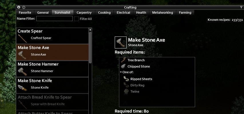 crafting an axe from the crafting menu of project zomboid using a tree branch, chipped stone and ripped sheets