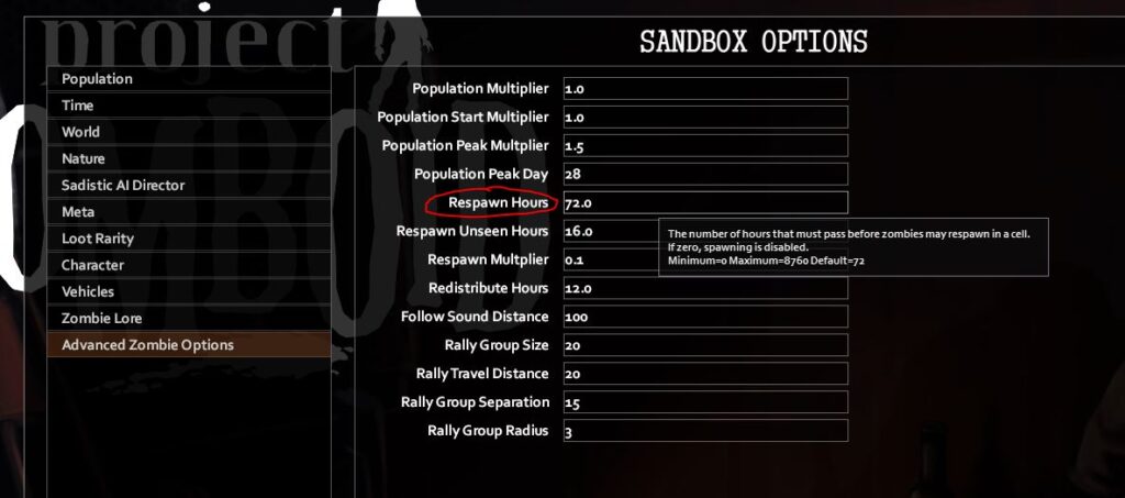 Changing settings so zombies never respawn in Project Zomboid sandbox mode