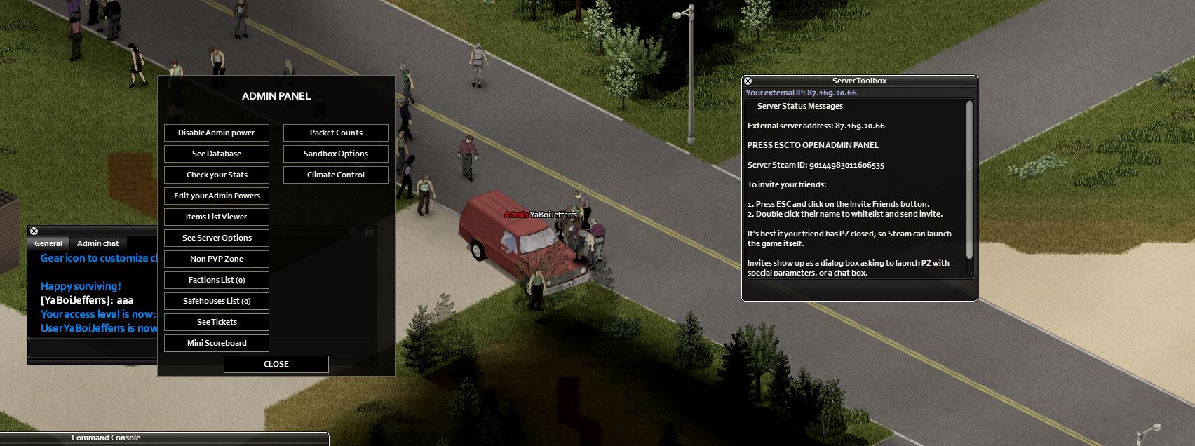 a range of different admin commands in project Zomboid multiplayer