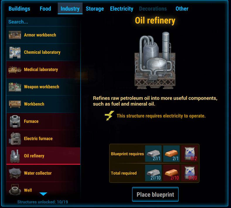 Building an oil refinery form the construction menu in cryofall