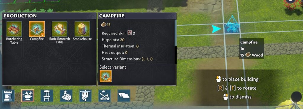 Building a campfire in Going Medieval to cook food