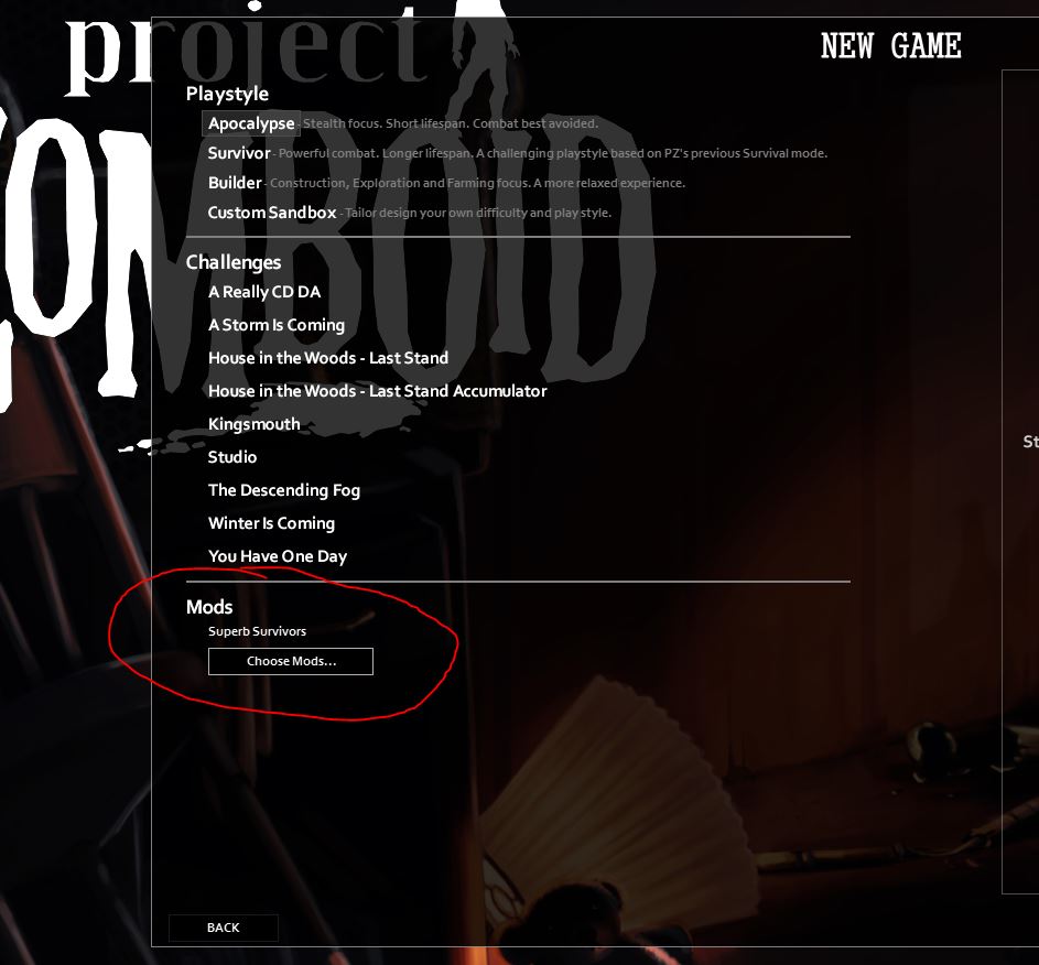The button for enabling mods in Project Zomboid Build 41