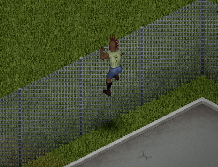 A player climbing over a large chain fence in Project Zomboid Build 41