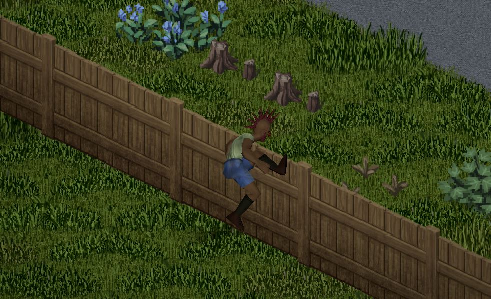 A player jumping over a low wooden fence in Project Zomboid