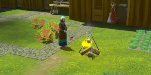 a woman cooking a meal at a campfire in Going Medieval