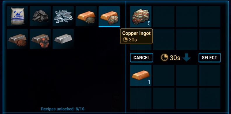 Crafting Copper ingots in the furnace in Cryofall