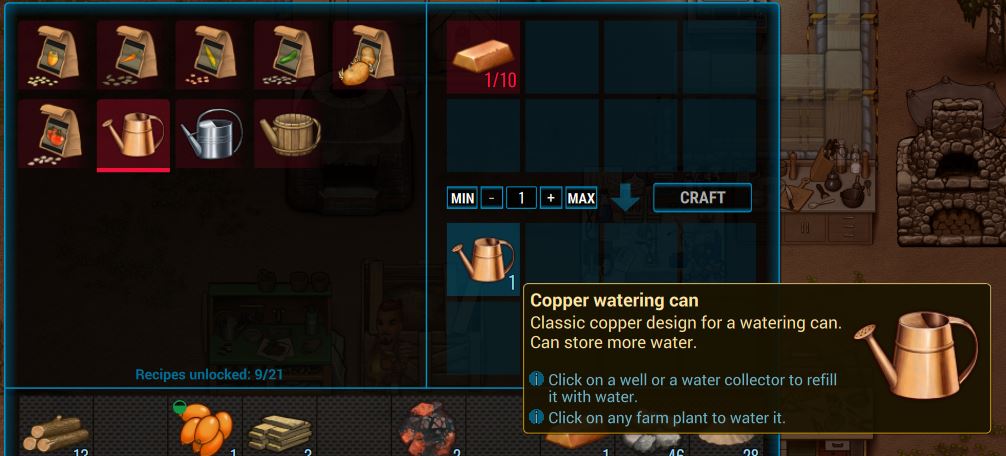 Crafting a copper watering can in Cryofall at the farmer workbench