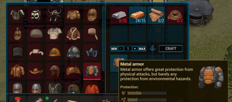 Crafting metal armor in Cryofall using copper ingots among other materials