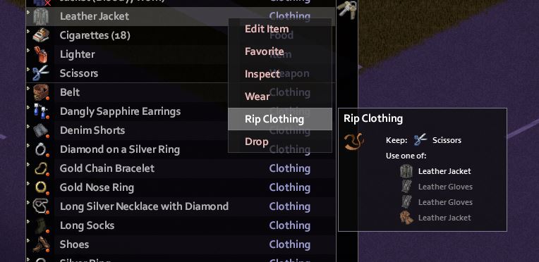 Ripping up clothing in Project Zomboid to get leather strips