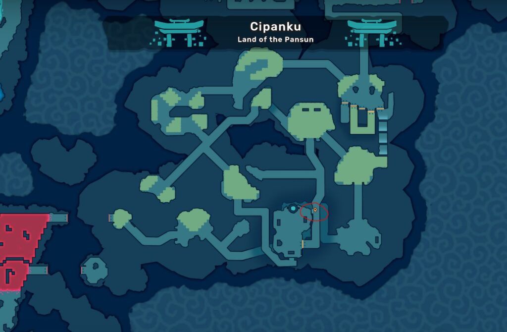 A map of Cipanku in Temtem showing where Misogi grotto is