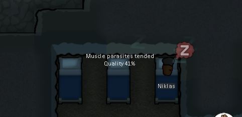 Tending to muscle parasites on a medical bed in Rimworld