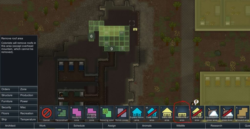 Removing a roof in Rimworld