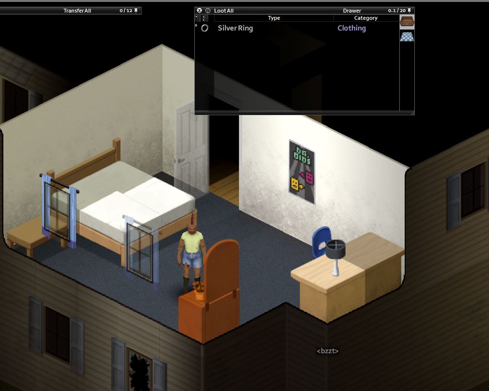 A character in Project Zomboid finding jewelry in a dresser