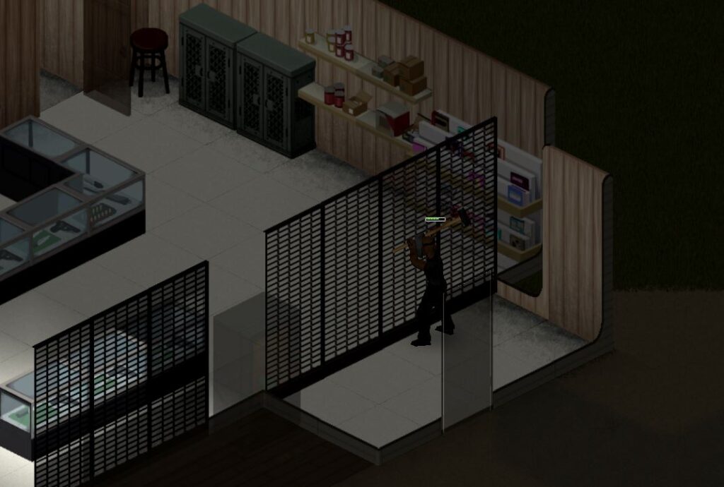 Using a sledgehammer to break into the gun store in Project Zomboid