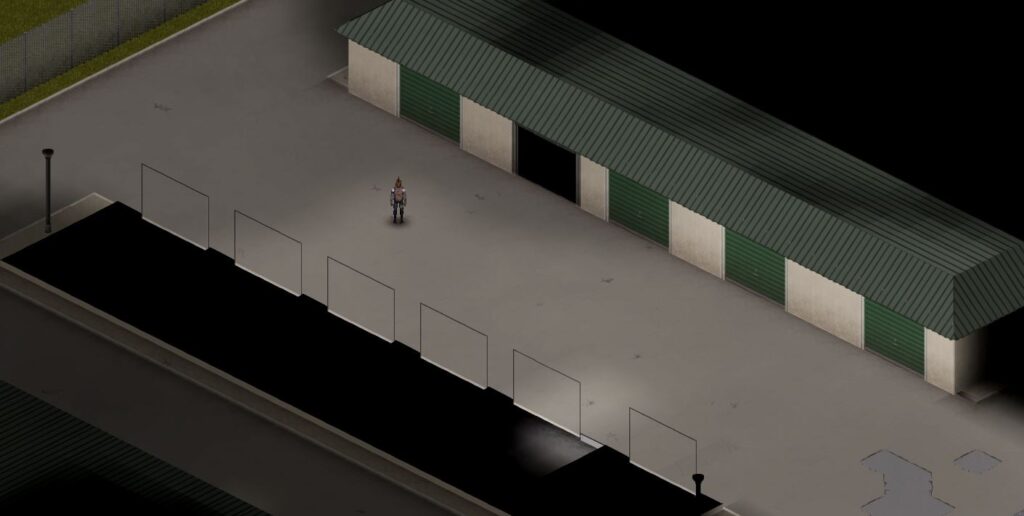 A storage unit being used as a base in Project Zomboid