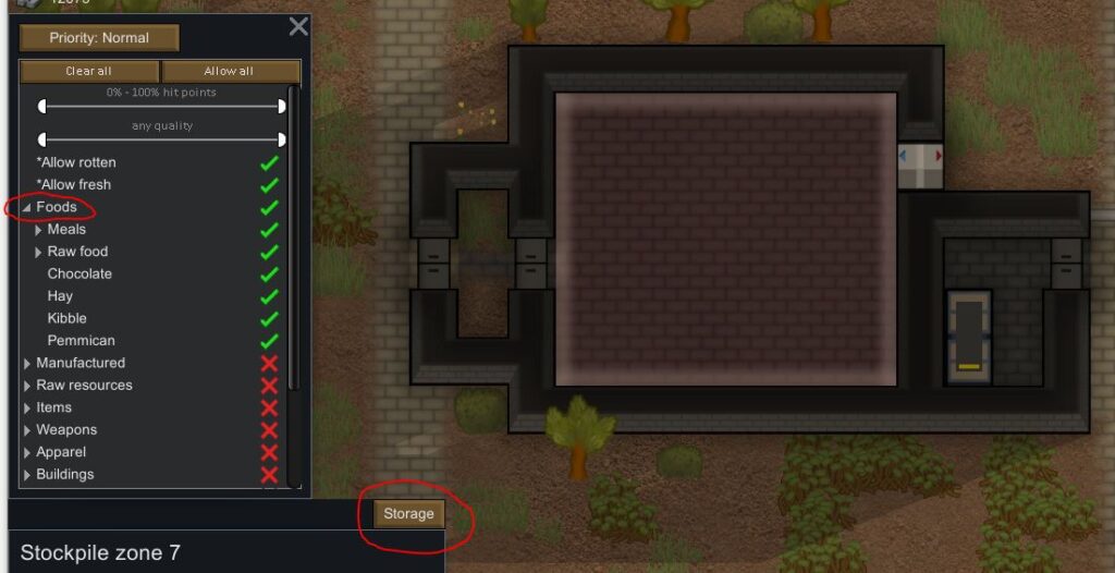 Changing the stockpile settings on a freezer in Rimworld