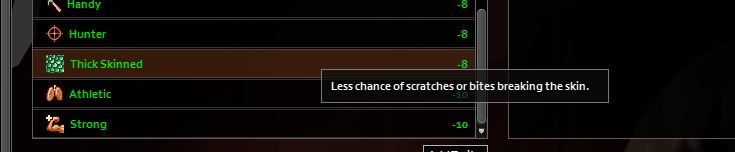 The description for the thick skinned trait in Project Zomboid