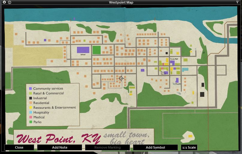 The in-game map of West point in Project Zomboid