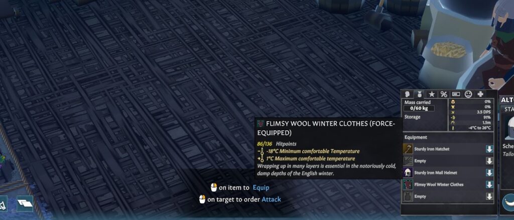Showing information on a flimsy wool winter clothes item in Going Medieval