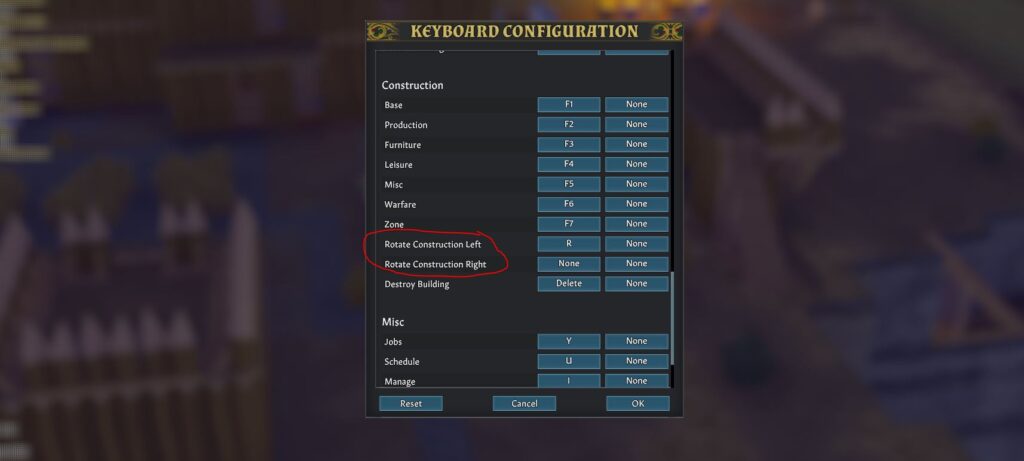 Checking the rotate objects keys from the options menu in Going Medieval