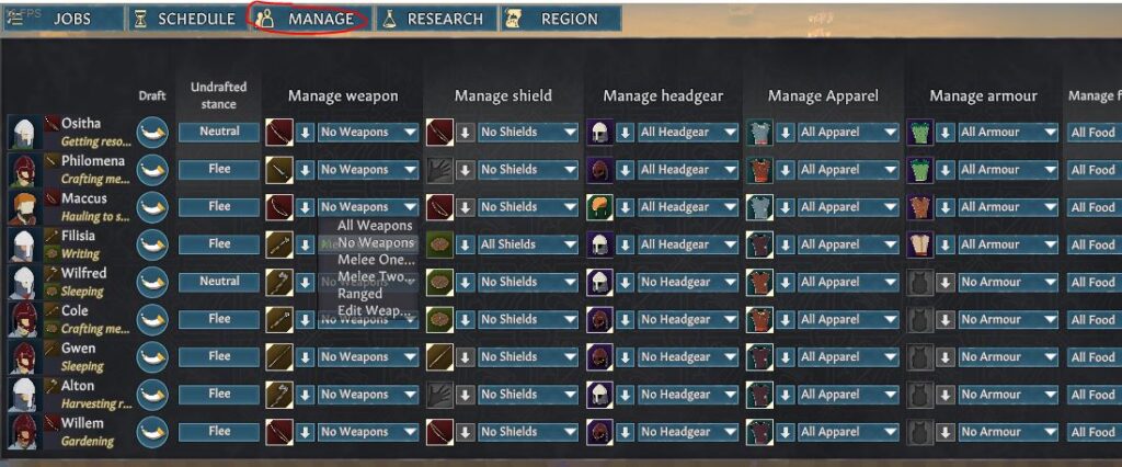 Using the Manage menu in Going Medieval to tell settlers which weapons and armors to equip