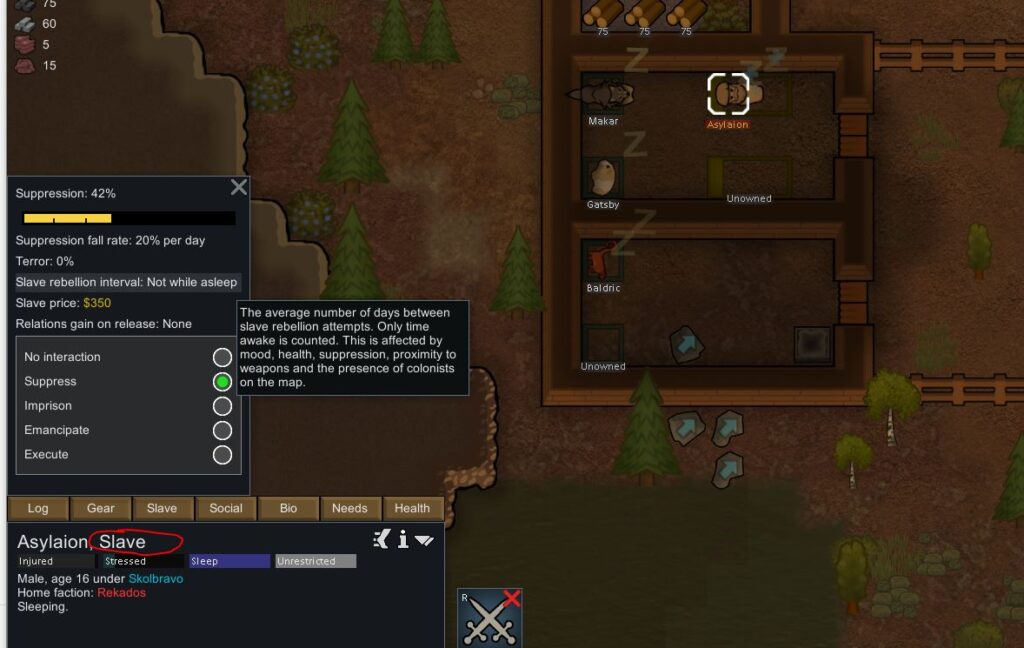 Showing the actions you can take with slaves in Rimworld Ideology and suppression level