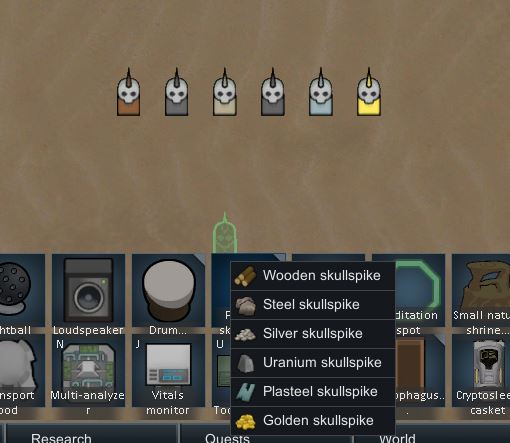 The 6 different color variants for skullspikes in Rimworld Ideology