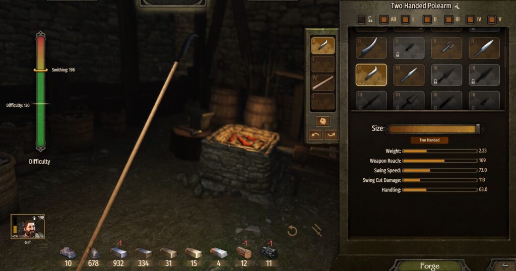 Leveling up smithing in Bannerlord by creating expensive weapons