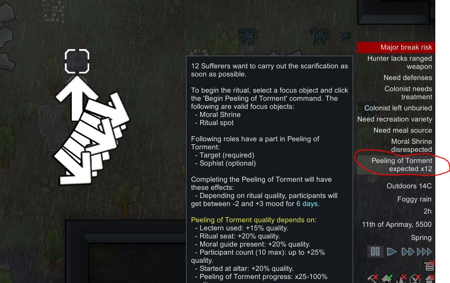 the notification showing that colonists are expecting to be scarified in Rimworld IDeology