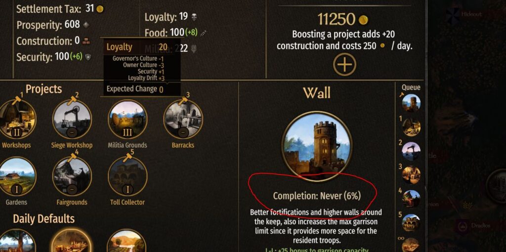 Cannot do construction with low loyalty in mount and blade bannerlord