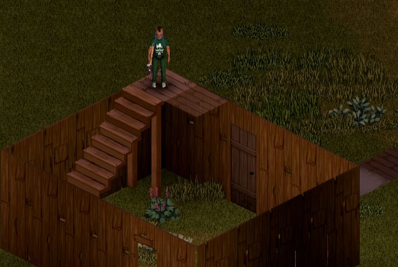 Building the first pieces of a makeshift roof in Project Zomboid whilst standing on a staircase