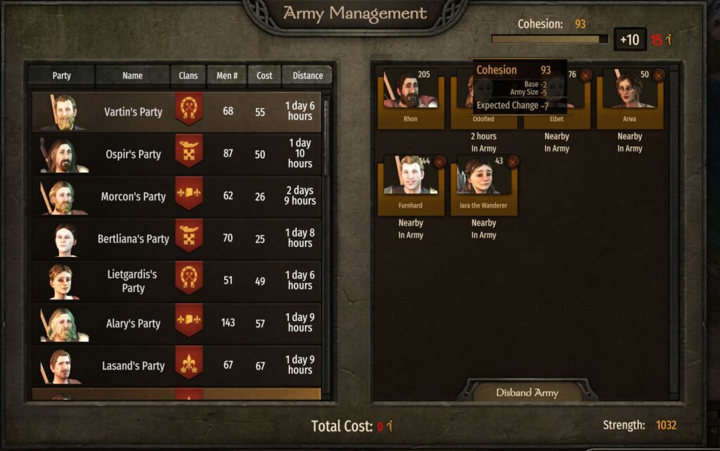 The army management panel in Mount and Blade: Bannerlord where you can assemble armys