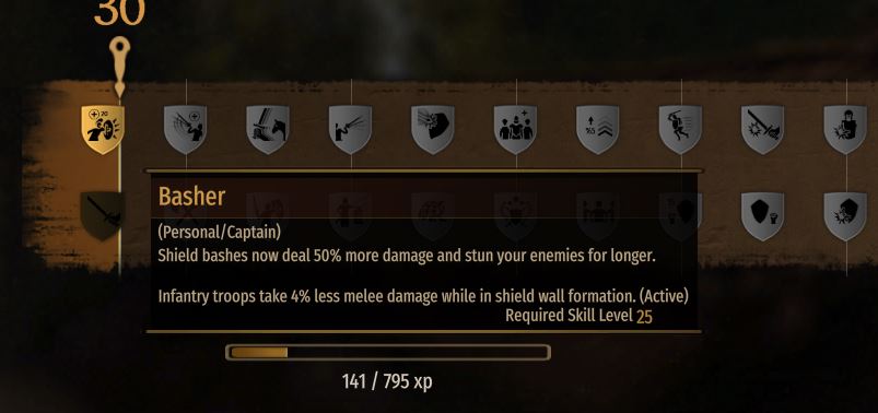 The Basher perk in Mount and Blade Bannerlord which increase shield bash damage and stun time