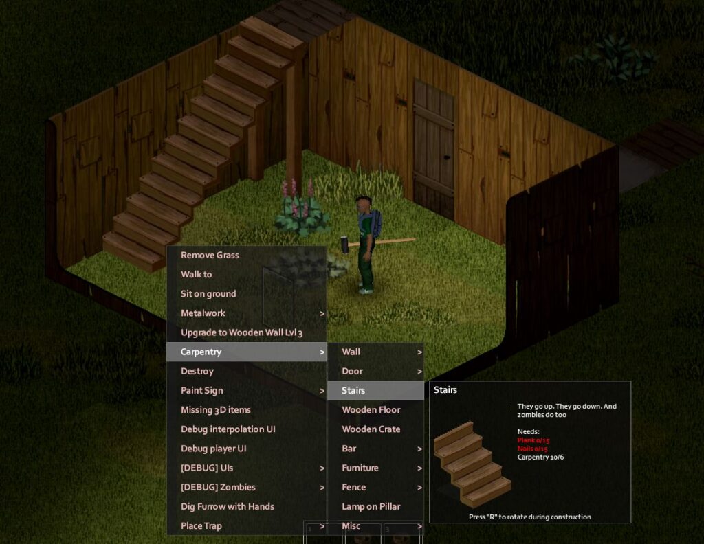 A player going through the carpentry menu in Project Zomboid