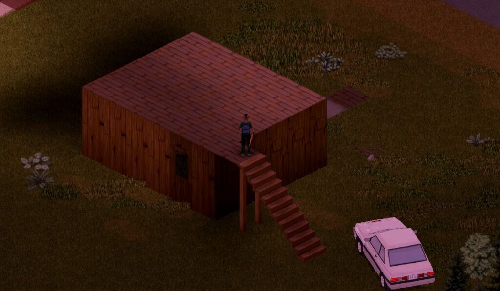 A player standing on a finished custom wooden roof in Project Zomboid