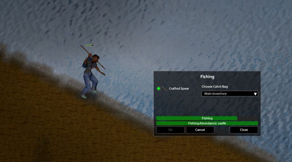 Crafting a spear and using it to catch fish while spear-fishing in Project Zomboid Build 41