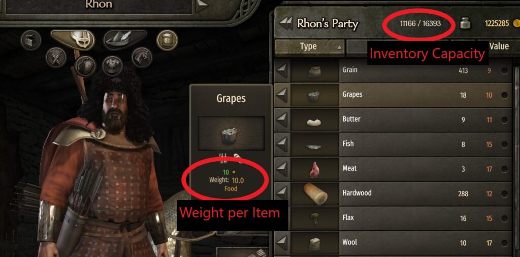 An image showing the weight capacity of a party in Mount and Blade Bannerlord and the weight of a trade good which affects party speed