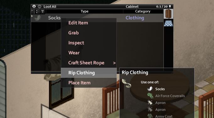 Ripping up socks into ripped sheets in Project Zomboid