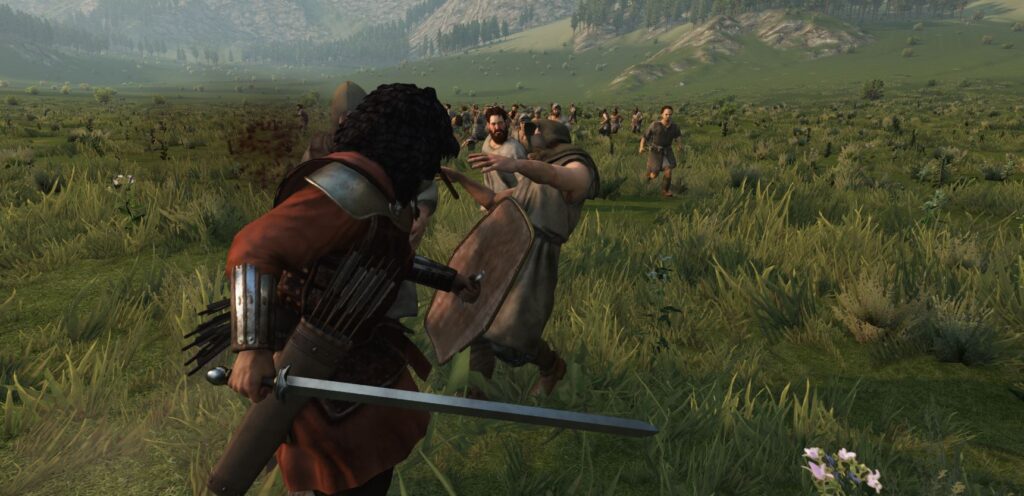 A fighter smashing a looter with a shield in Mount and Blade: Bannerlord