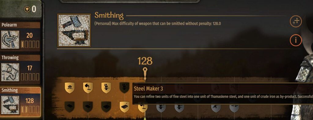 The Steel Maker 3 perk in mount and blade bannerlord which allows you to craft thamaskene steel using 2 units of fine steel
