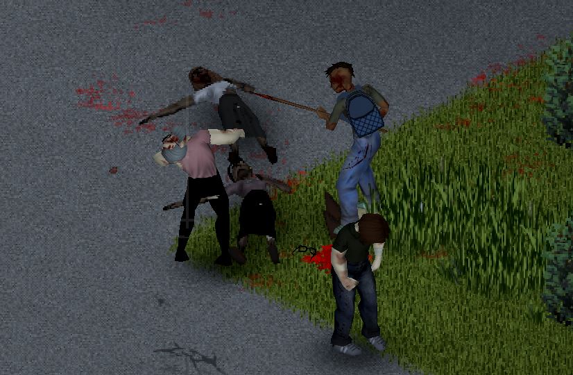Using a crafted spear in Project Zomboid to defeat some zombies 