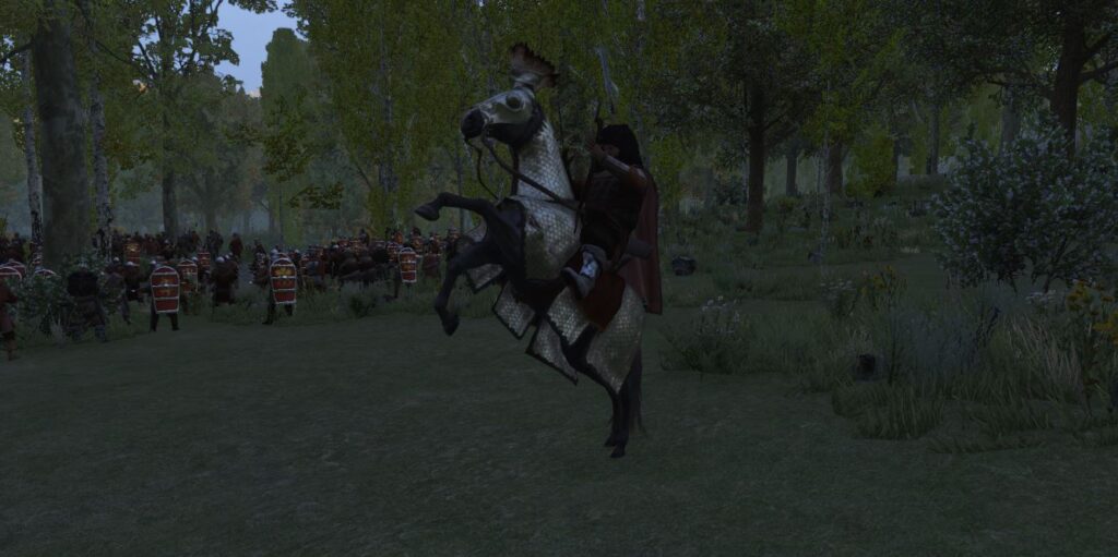 A character in mount and blade bannerlord celebrating by rearing their horse