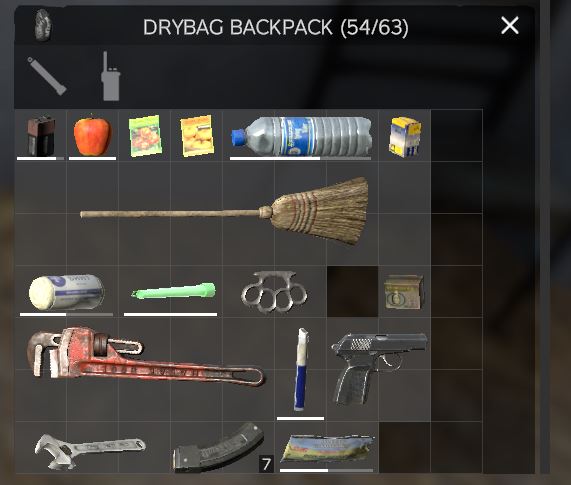 An inventory full of items that have been rotated to fit in DayZ