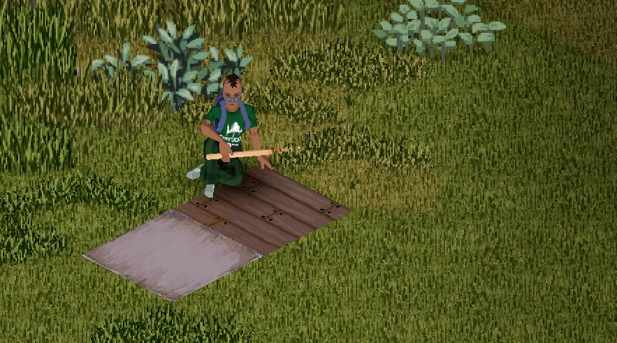 A player sitting next to a Metal Roof and a Wooden Floor in Project Zomboid