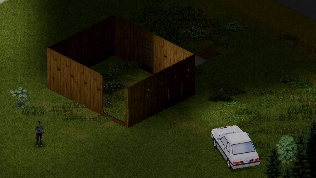 A player standing next to a self-build wooden house without a roof on it in Project Zomboid Build 41