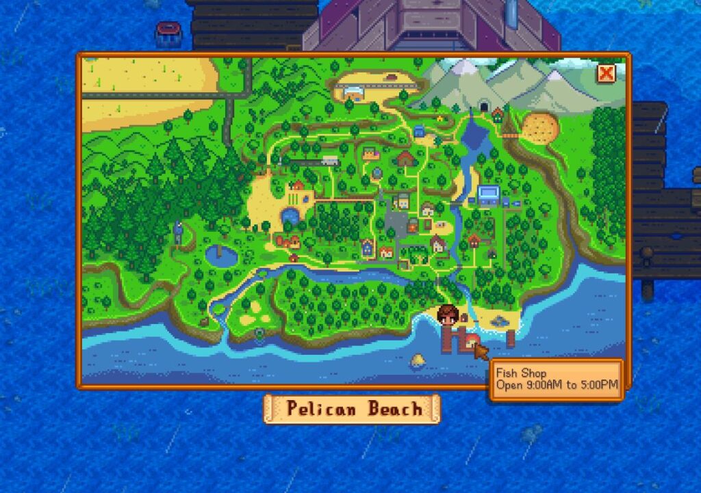 A map showing where fishing tackle can be bought to equip in stardew valley
