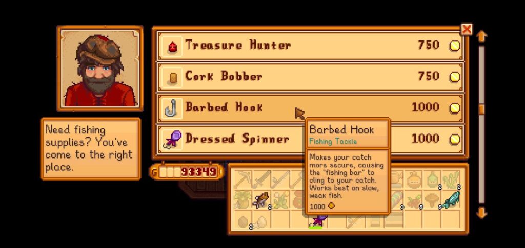 Buying a hook for fishing from Willy in Stardew Valley