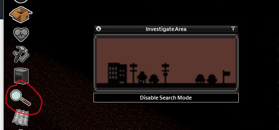 Investigate area menu in project zomboid. Enabling search mode to forage for items