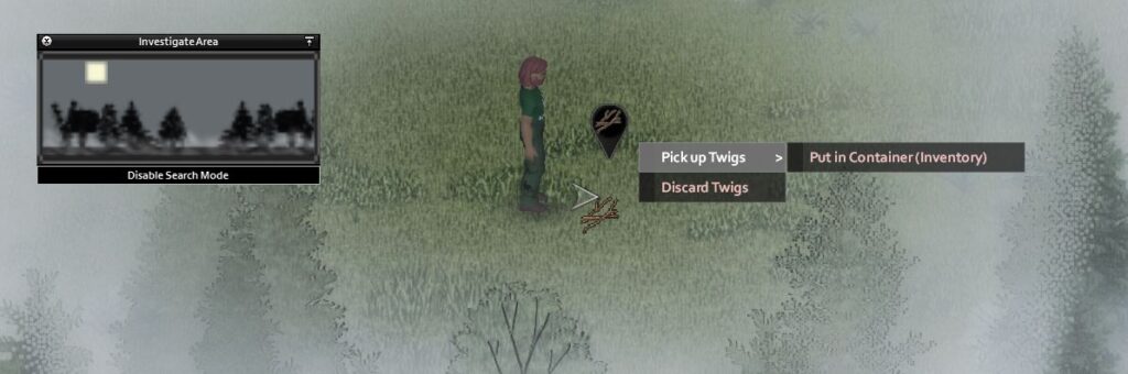 Using the search mode in Project Zomboid to find twigs and tree branches