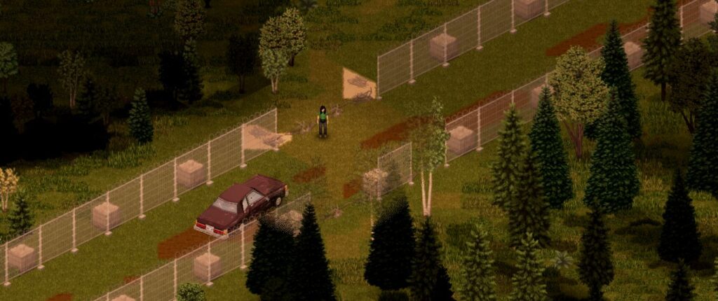 A gap in the barbed wire fence in which the player can access Louisville in Project Zomboid
